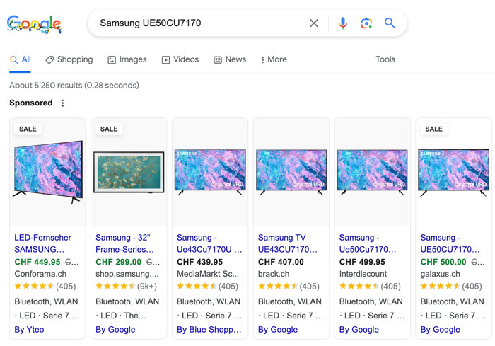 Des annonces Shopping de Google Ads pour une télévision Samsung